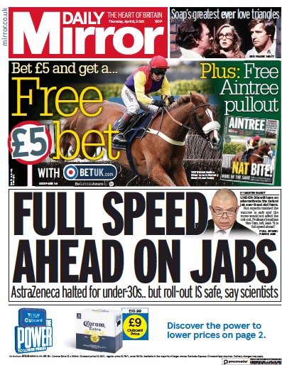 Daily Mirror Newspaper Front Page (UK) for 8 April 2021