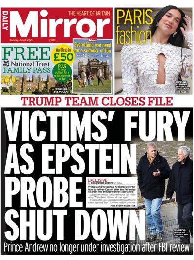 Daily Mirror Newspaper Front Page (UK) for 8 July 2025