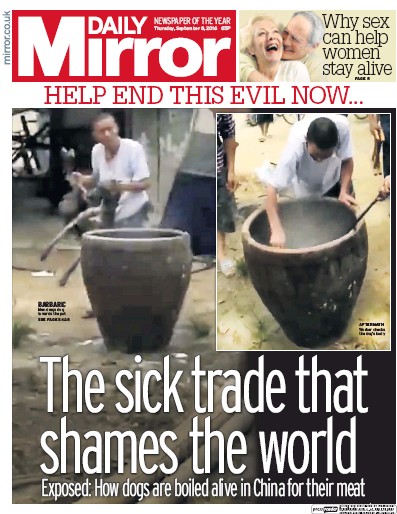 Daily Mirror Newspaper Front Page (UK) for 8 September 2016