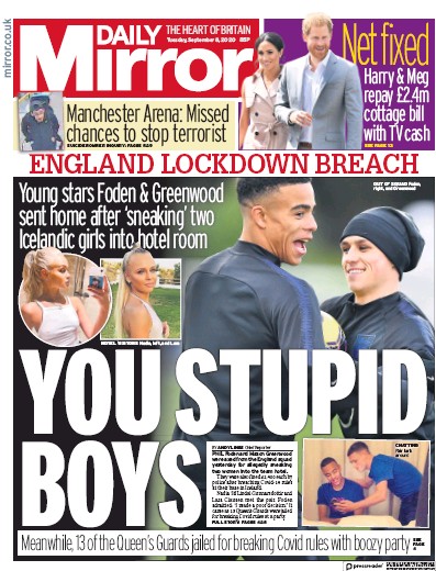 Daily Mirror Newspaper Front Page (UK) for 8 September 2020