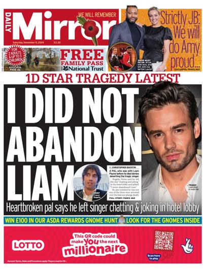 Daily Mirror Newspaper Front Page (UK) for 9 November 2024