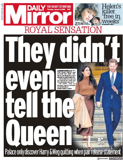 Daily Mirror Newspaper Front Page (UK) for 9 January 2020