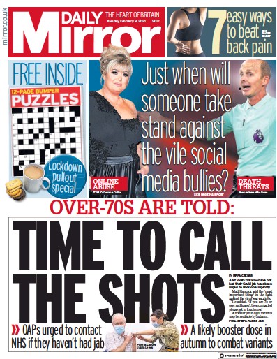 Daily Mirror Newspaper Front Page (UK) for 9 February 2021