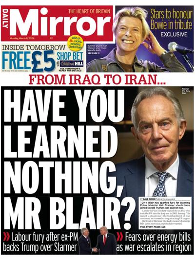 Daily Mirror Newspaper Front Page (UK) for 9 March 2026