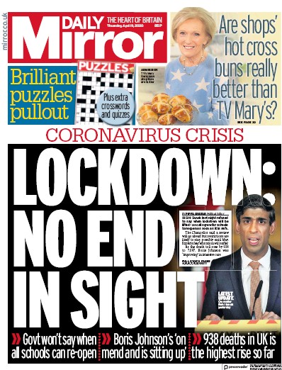 Daily Mirror Newspaper Front Page (UK) for 9 April 2020