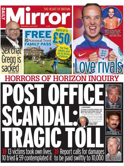 Daily Mirror Newspaper Front Page (UK) for 9 July 2025