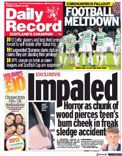 Daily Record Newspaper Front Page (UK) for 12 January 2021