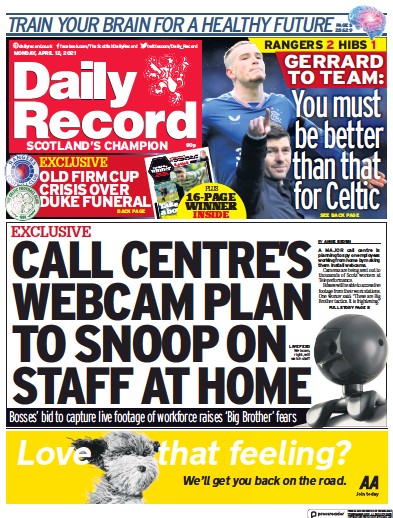 Daily Record Newspaper Front Page (UK) for 12 April 2021