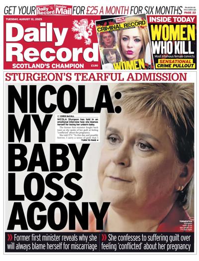 Daily Record Newspaper Front Page (UK) for 12 August 2025