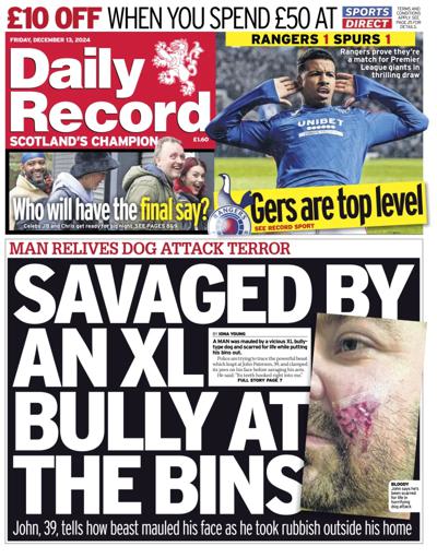 Daily Record Newspaper Front Page (UK) for 13 December 2024