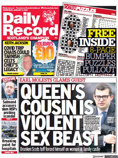 Daily Record Newspaper Front Page (UK) for 13 January 2021