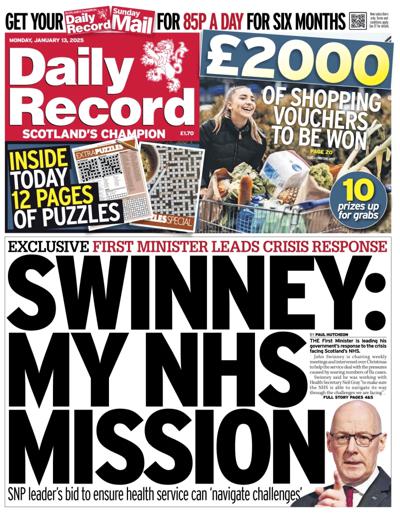 Daily Record Newspaper Front Page (UK) for 13 January 2025