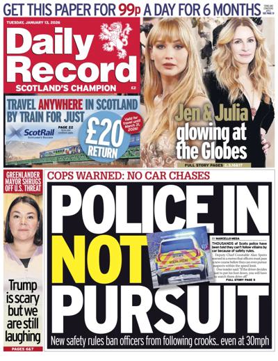 Daily Record Newspaper Front Page (UK) for 13 January 2026