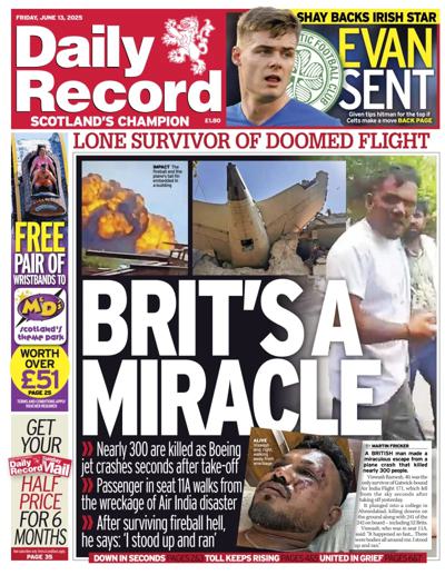 Daily Record Newspaper Front Page (UK) for 13 June 2025