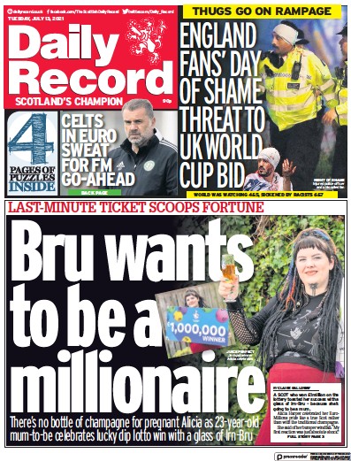 Daily Record Newspaper Front Page (UK) for 13 July 2021