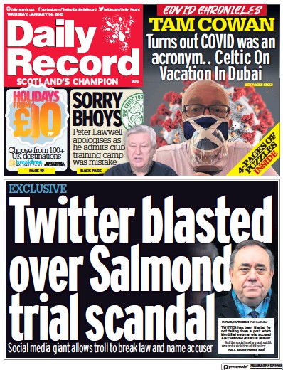 Daily Record Newspaper Front Page (UK) for 14 January 2021