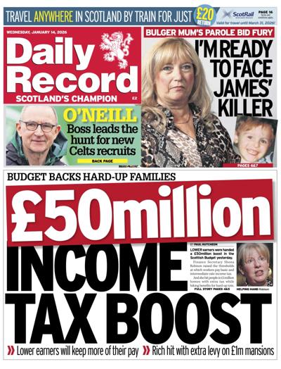 Daily Record Newspaper Front Page (UK) for 14 January 2026