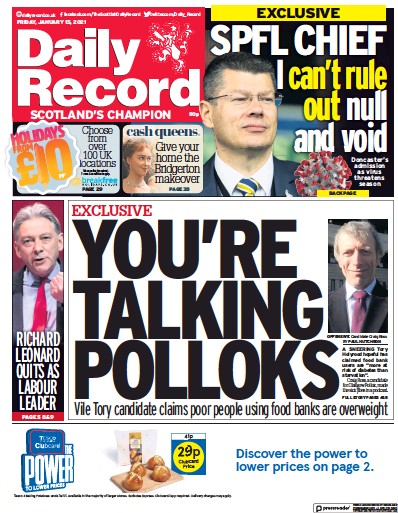 Daily Record Newspaper Front Page (UK) for 15 January 2021