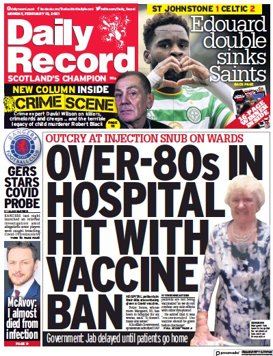 Daily Record Newspaper Front Page (UK) for 15 February 2021