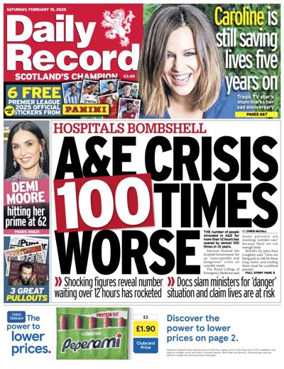 Daily Record Newspaper Front Page (UK) for 15 February 2025