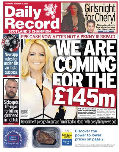 Daily Record Newspaper Front Page (UK) for 16 October 2025