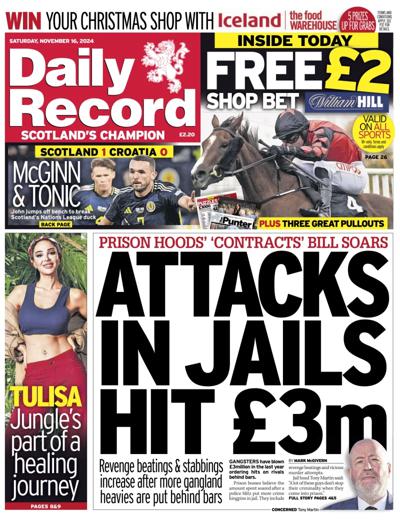 Daily Record Newspaper Front Page (UK) for 16 November 2024