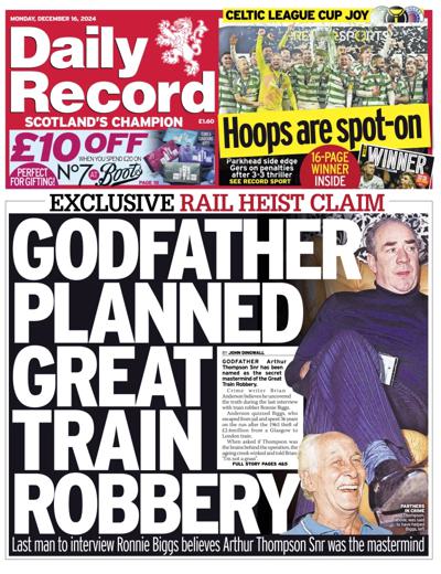 Daily Record Newspaper Front Page (UK) for 16 December 2024