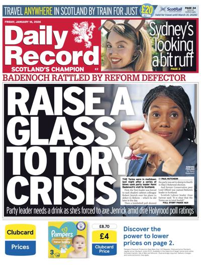 Daily Record Newspaper Front Page (UK) for 16 January 2026