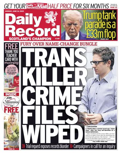 Daily Record Newspaper Front Page (UK) for 16 June 2025
