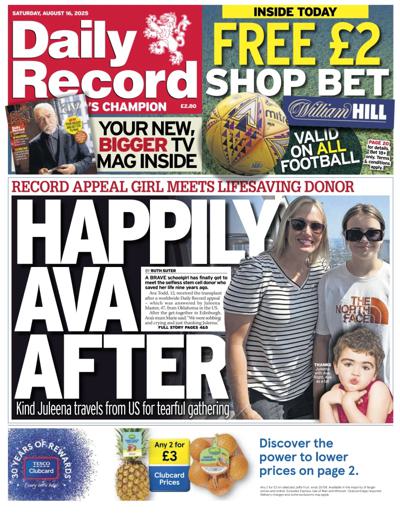 Daily Record Newspaper Front Page (UK) for 16 August 2025
