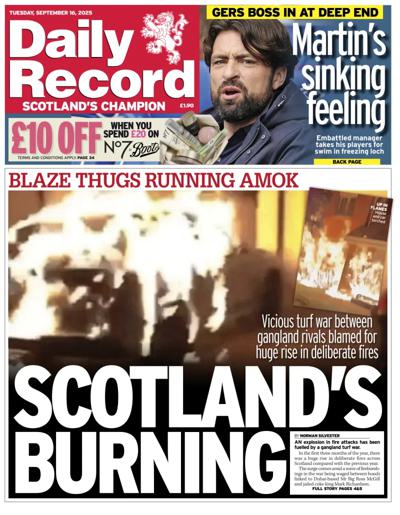 Daily Record Newspaper Front Page (UK) for 16 September 2025