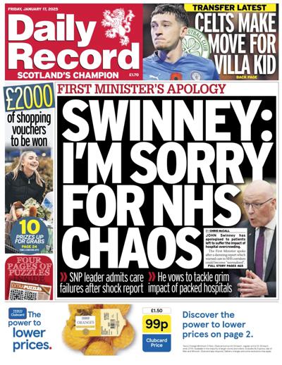 Daily Record Newspaper Front Page (UK) for 17 January 2025