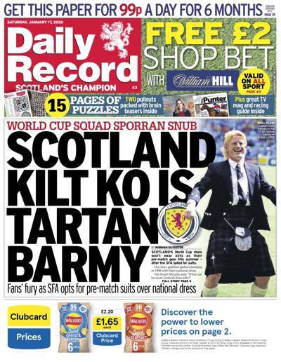 Daily Record Newspaper Front Page (UK) for 17 January 2026