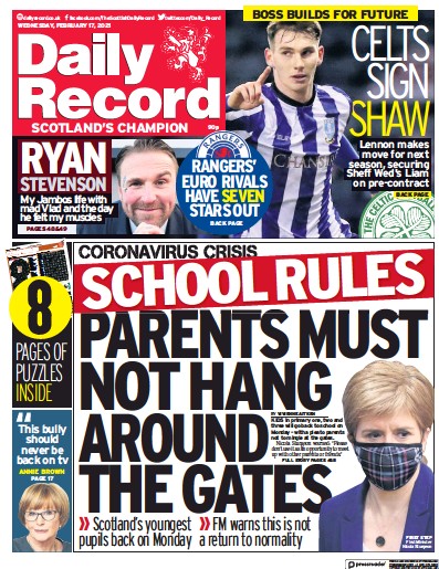 Daily Record Newspaper Front Page (UK) for 17 February 2021