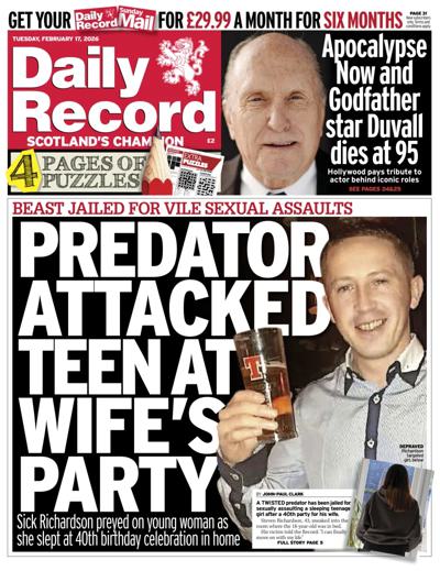 Daily Record Newspaper Front Page (UK) for 17 February 2026