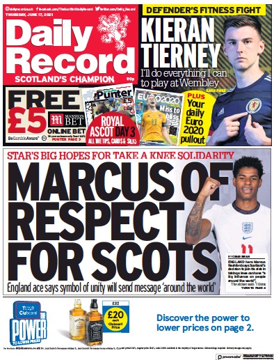 Daily Record Newspaper Front Page (UK) for 17 June 2021