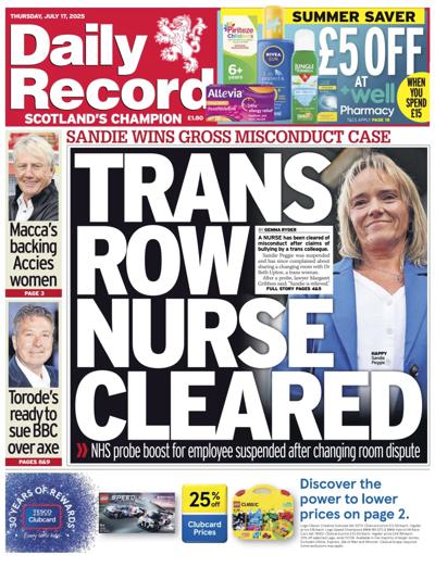 Daily Record Newspaper Front Page (UK) for 17 July 2025