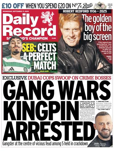 Daily Record Newspaper Front Page (UK) for 17 September 2025