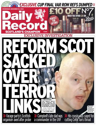 Daily Record Newspaper Front Page (UK) for 18 December 2024