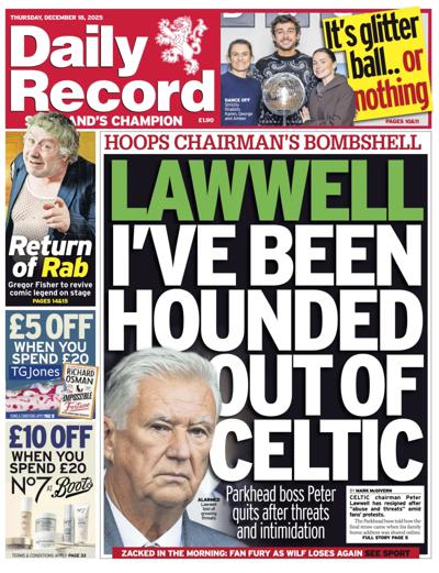 Daily Record Newspaper Front Page (UK) for 18 December 2025