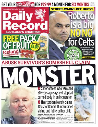 Daily Record Newspaper Front Page (UK) for 18 February 2026