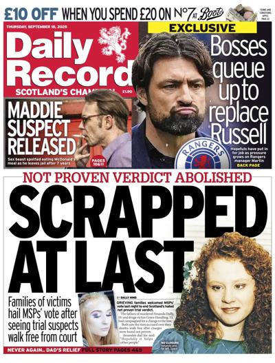 Daily Record Newspaper Front Page (UK) for 18 September 2025