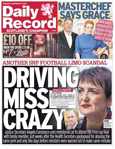 Daily Record Newspaper Front Page (UK) for 19 December 2024