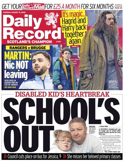 Daily Record Newspaper Front Page (UK) for 19 August 2025
