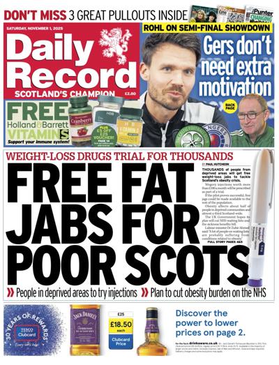 Daily Record Newspaper Front Page (UK) for 1 November 2025