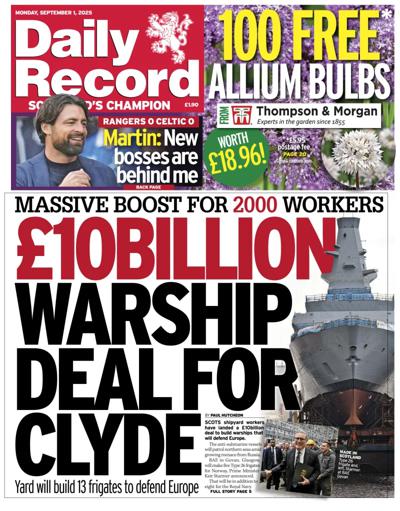 Daily Record Newspaper Front Page (UK) for 1 September 2025