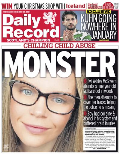 Daily Record Newspaper Front Page (UK) for 20 November 2024