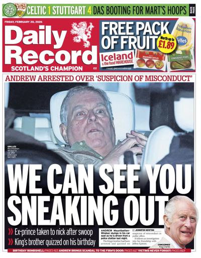 Daily Record Newspaper Front Page (UK) for 20 February 2026