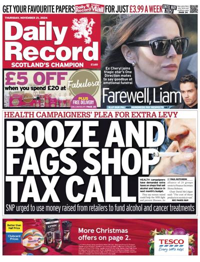 Daily Record Newspaper Front Page (UK) for 21 November 2024