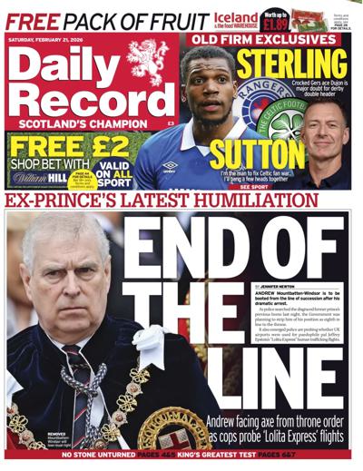 Daily Record Newspaper Front Page (UK) for 21 February 2026